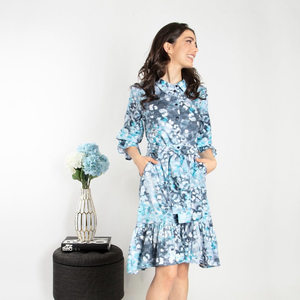 Shirt Dress with Belt & Bottom Ruffle Hem (Dot & Stripe)